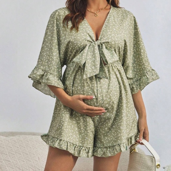 Boho Floral Print Tie Front Ruffle Hem Short Sleeve Romper - Picture 10 of 10